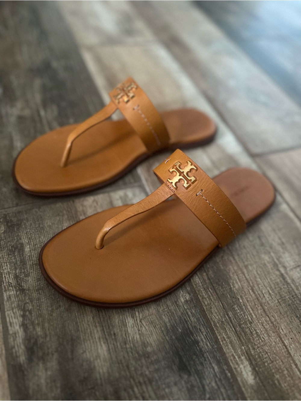 Tory Burch Cognac Leather Logo Thong Sandals